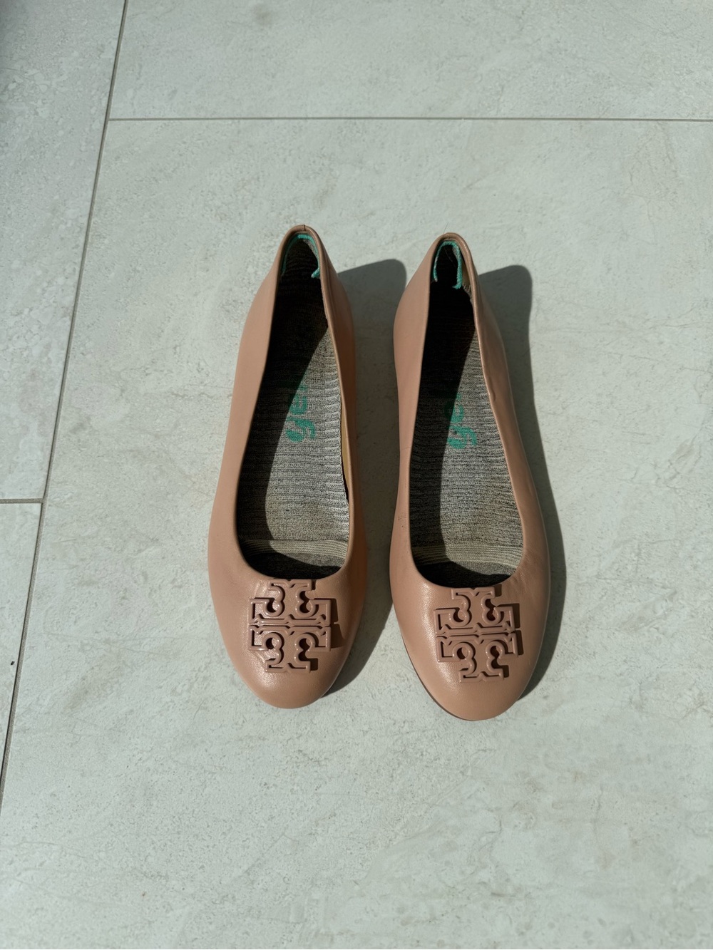 Tory Burch Blush Leather Logo-Trim Ballet Flats